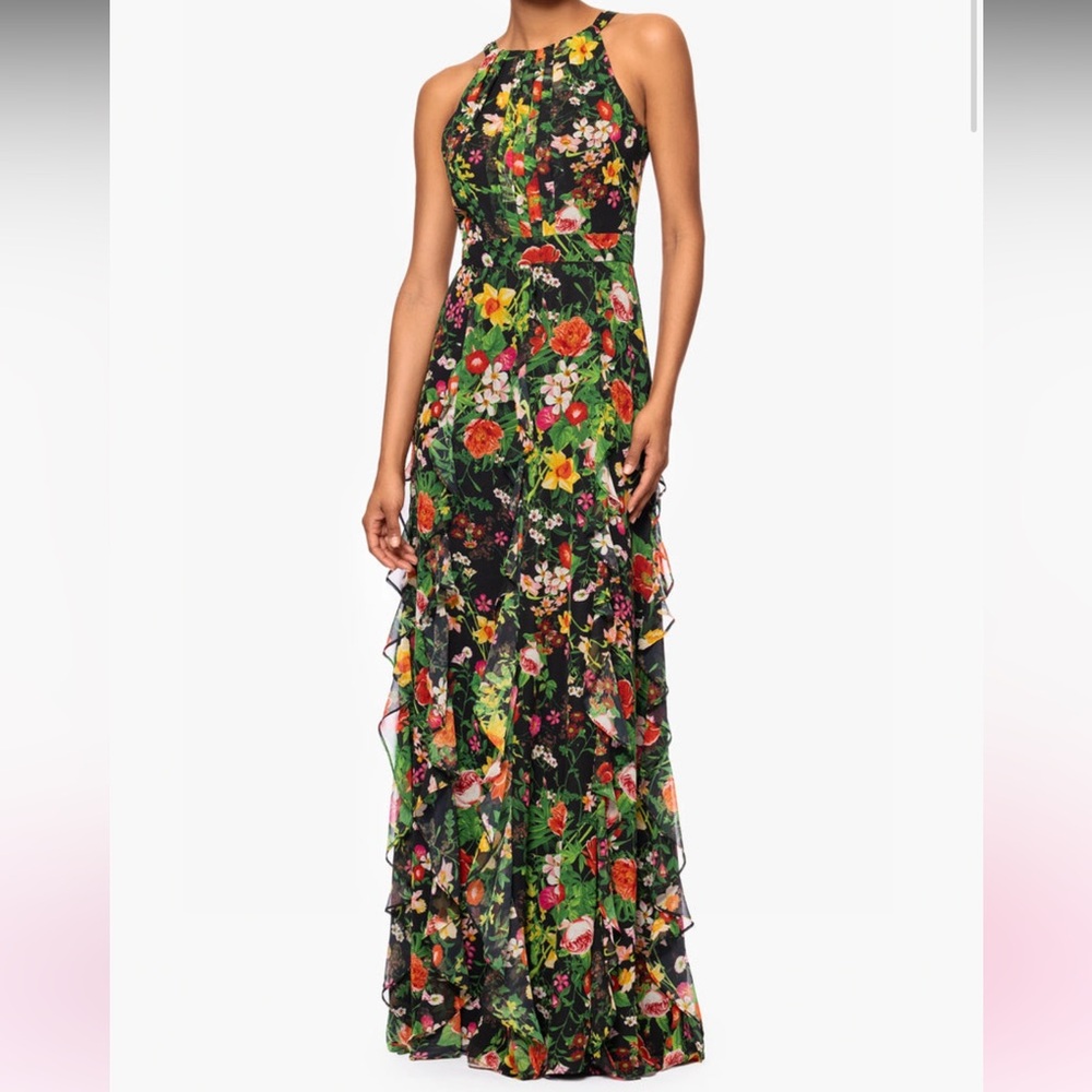 Betsy & Adam Black Floral Halter Maxi Dress